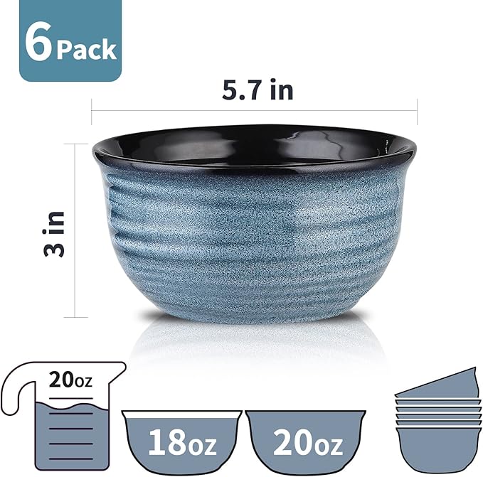 Hasense Cereal Bowls Set of 6, 20 Ounce Ceramic Soup Bowls Set for Kitchen, Suit for Cereal Soup Rice Pasta Salad Oatmeal,Dishwasher Microwave Safe, Navy Blue