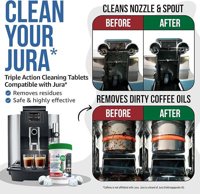 Jura Compatible Cleaning Tablets. 30 Tablets Cleaning. Coffee Cleaning Tablets - Cleans Internal Parts, Portafilter, Inaccessible Areas. Use On All Home & Pro Jura Coffee Machines.