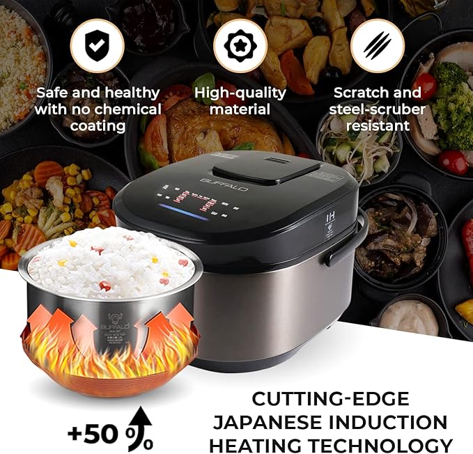 Buffalo Titanium Grey IH SMART COOKER, Rice Cooker and Warmer, 1.8L, 10 cups of rice, Non-Coating inner pot, Efficient, Multiple function, Induction Heating (10 cups)