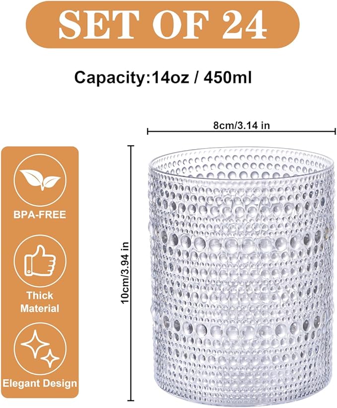 YOUBET 24PCS Plastic Hobnail Drinking Glasses - 14 Oz Clear Vintage Glasses Drinkware - Disposable Beaded Cups for Juice, Wine, Party