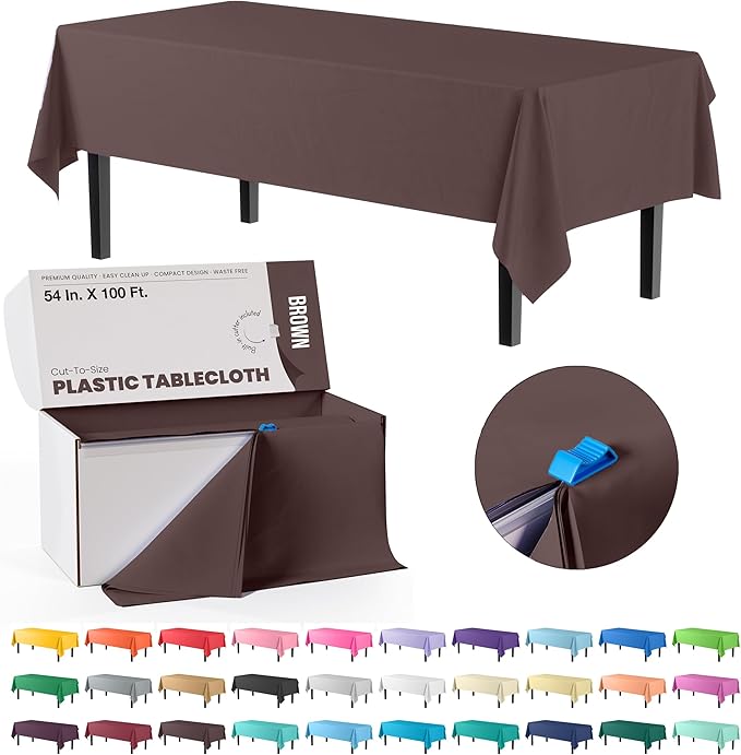 Exquisite Party Solids 54 Inch X 100 Feet Brown Plastic Table Cover Roll in A Cut - to - Size Box with Convenient Slide Cutter. Cuts Up to 12 Rectangle 8 Feet Plastic Disposable Tablecloths