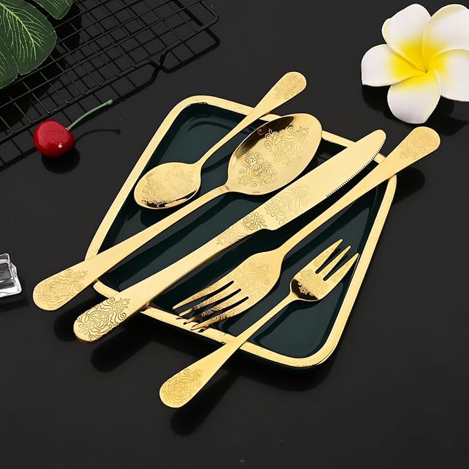 JASHII 20-piece Silverware Flatware Set Vintage Carved Floral Pattern Eating Utensils Stainless Steel Knife Fork Spoon Set Mirror Polished Dishwasher Safe - Gold