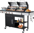 Propane and Charcoal Combo Grill with Side Burner, 37,230 BTU Outdoor BBQ Grill with Porcelain-Enameled Cast Iron Grates and Griddle Plate for Patio, Garden, Backyard (propane+charcoal)