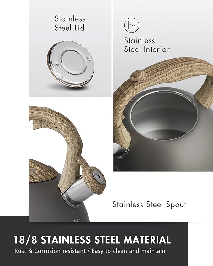 POLIVIAR Tea Kettle, Iron Grey Tea Pot Stovetop, 2.7 Quart Loud Whistling Coffee and Teapot, Food Grade Stainless Steel for Anti-Hot Handle and No-Rust, Suitable for All Heat Sources (JX2020-QB30)