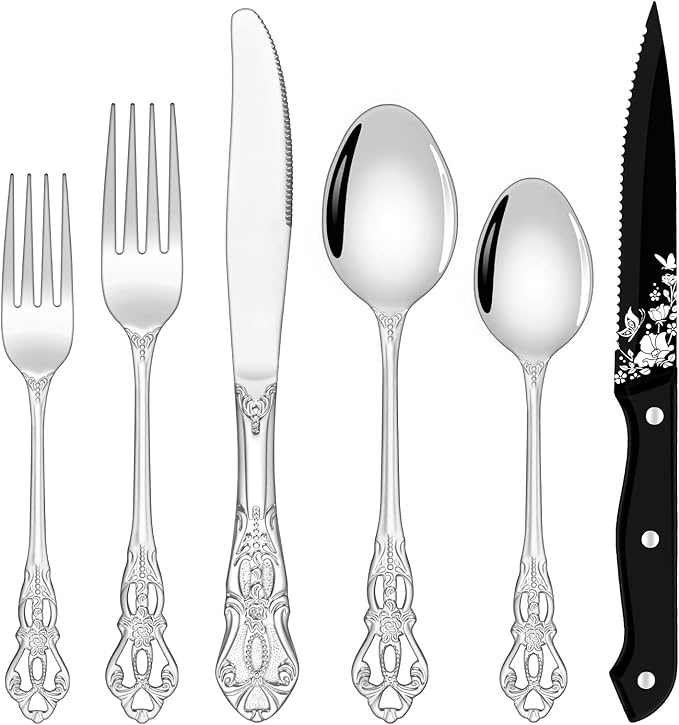 48 Pieces Retro Silverware Set for 8, Food-Grade Stainless Steel Cutlery Flatware Set with Forks Spoons Knives Set, Mirror Polished Tableware Eating Utensils Set,Dishwasher Safe