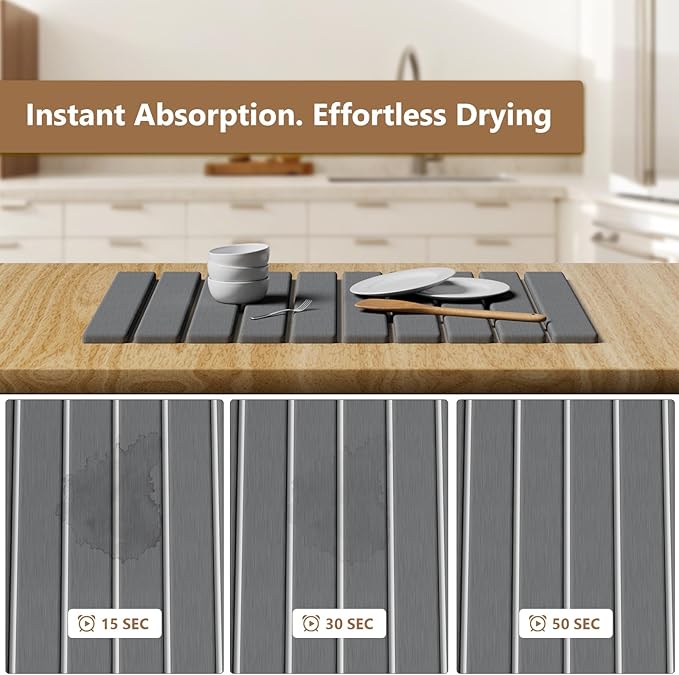 Large Stone Drying Mat for Kitchen Counter, 24"(L)×16"(W), Foldable Diatomaceous Earth Mat, Fast Drying & Absorbent Pad for Dishes, Bottles, Cups, Bathroom & Any Countertop (Gray)