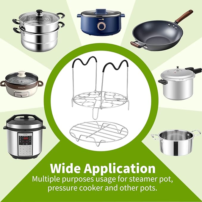 Steamer Cooling Rack Trivet Accessory Set, Include 9-holes Egg Steamer Cooking Rack with Heat Resistant Silicon Handles & Compatible for 6, 8 Quart Pressure Cooker Trivet, Instant Pot Accessories