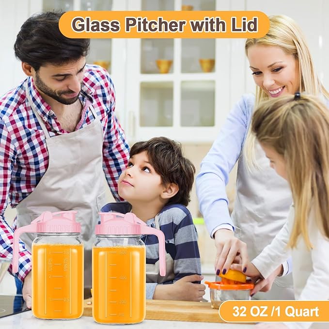 Mason Jar Pitcher, 32 OZ Breast Milk Pitcher Double Leak Proof with Pour Spout Handle, Wide Mouth Iced Tea Pitcher for Fridge, Creamer Container for Coffee, Sun Tea juice (Pink,2 Pack)