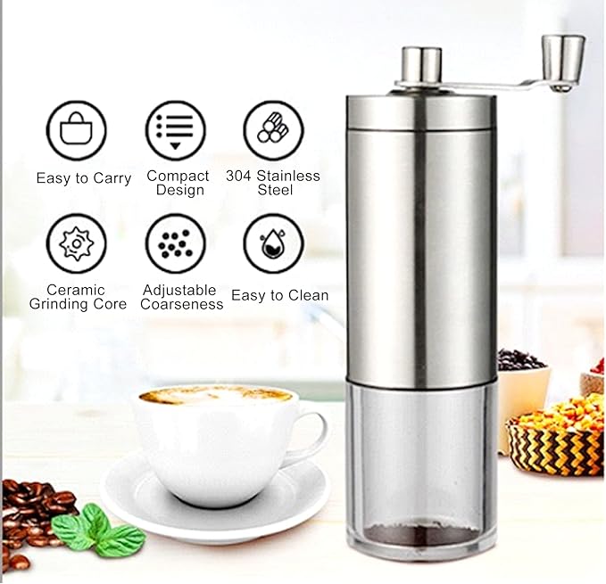 Manual Coffee Grinder, Coffee Bean Grinder with Adjustable Settings, Stainless Steel Hand Coffee Mill, Coffee Grinder Manual for Camping Home and Office (Sliver)