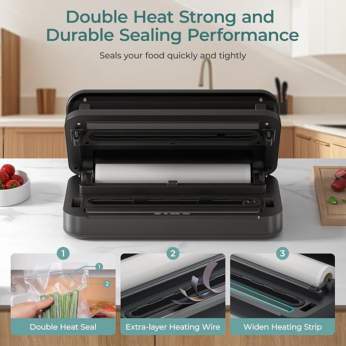 Upgraded Vacuum Sealer for Food, 90kpa 14 in 1 Food Sealer Vacuum Sealer Machine, Easy Lock Handle/Sous Vide Friendly, Liquid/Dry/Moist Food Saver Storage Vacuum Sealers with 2 Roll Bags (25 Max)