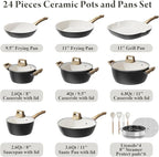 24 Pcs Pots and Pans Set Non Stick Ceramic Cookware Set with 3 Stockpots, White Interior Black Exterior, Healthy Non-Toxic, Large Capacity, Induction Compatible, PFAS/PTFE/PFOA Free