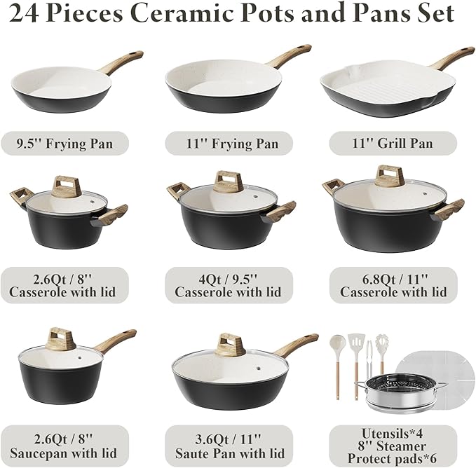 24 Pcs Pots and Pans Set Non Stick Ceramic Cookware Set with 3 Stockpots, White Interior Black Exterior, Healthy Non-Toxic, Large Capacity, Induction Compatible, PFAS/PTFE/PFOA Free