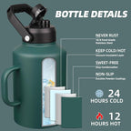 BJPKPK 1 Gallon Water Bottle with Handle, Large Dishwasher Safe 128oz Insulated Water Bottle, BPA Free Water Jug, Wide Mouth Metal Water Bottle with Anti-slip Bottom, Keep Cold & Hot,Army Green