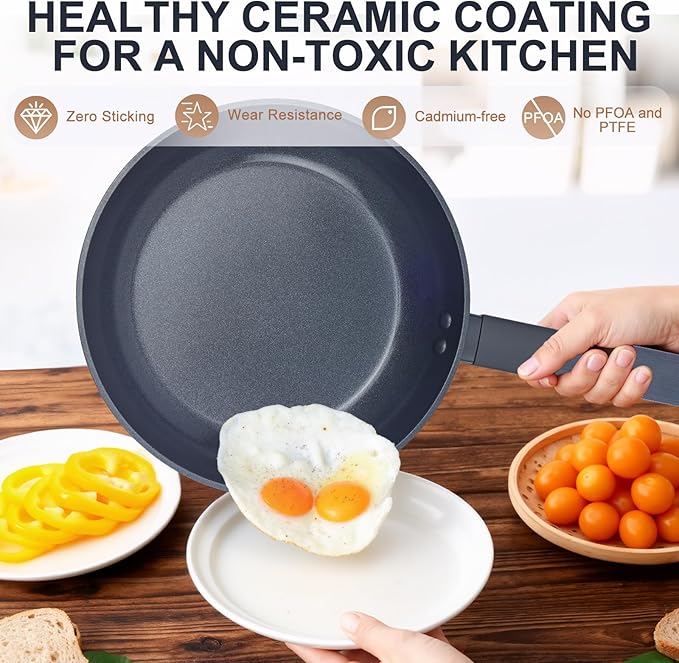Nonstick Cookware Set Non Toxic, 3-Piece Pots and Pans Set, PFOA/PTFE Free, Induction Ready & Dishwasher Safe, Ceramic Coating for Easy Release