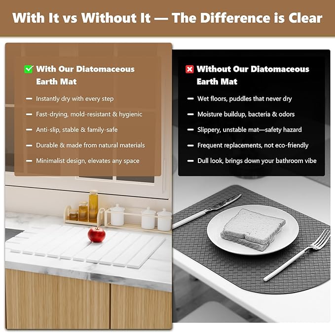 Large Stone Drying Mat for Kitchen Counter, 24"(L)×16"(W), Foldable Diatomaceous Earth Mat, Fast Drying & Absorbent Pad for Dishes, Bottles, Cups, Bathroom & Any Countertop (White)