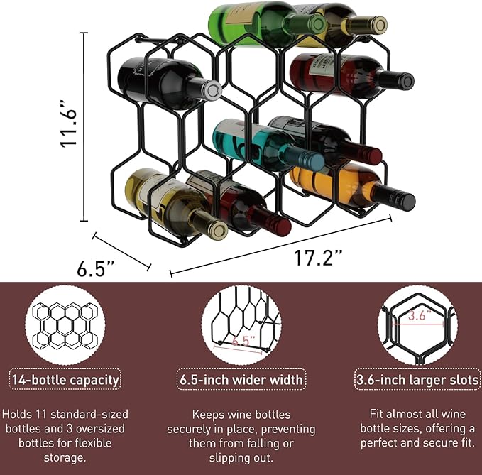 Buruis Countertop Wine Rack, 14-Bottle Modern Freestanding Metal Holder for Red and White Wine, Tabletop, Kitchen, Bar, and Cabinet Storage (Black)