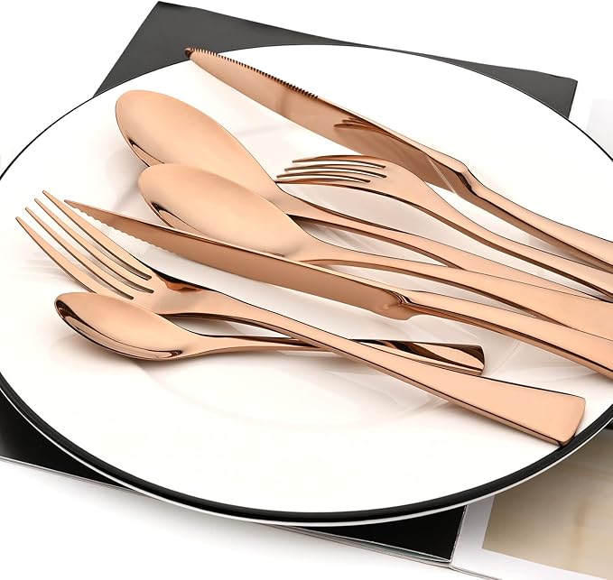 Copper Tableware 20Pcs Mirror Polished 18/10 Stainless Steel Luxury Flatware - Heavy Cutlery Set Service For 4 Include Knives/Forks/Spoons/Salad Fork/Teaspoon, Dishwasher Safe