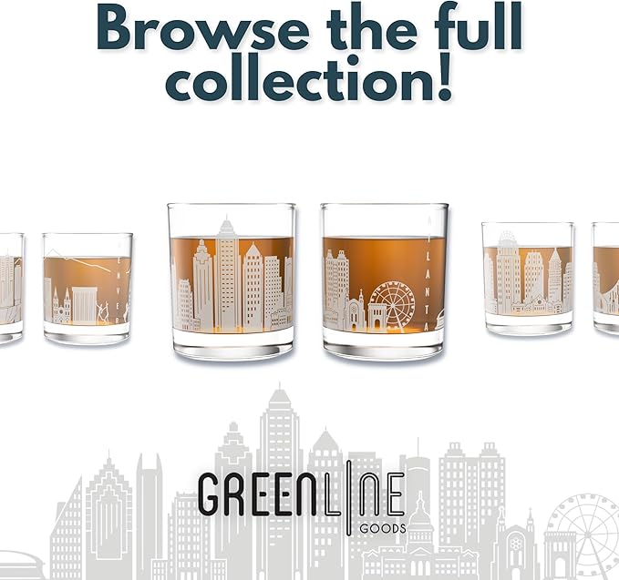 Greenline Goods – Boston, MA Skyline Whiskey Glasses (Set of 2), 10 oz – Rocks/Old Fashioned Tumblers
