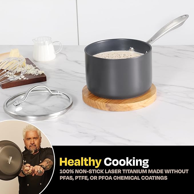 Guy Fieri's Flavortown Laser Titanium 2-Quart Sauce Pan with Lid - Non-stick Cookware Without PFAS, PTFE, or PFOA, 3x More Durable, Dishwasher Safe, Oven Safe