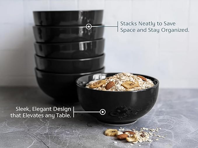 KooK Soup Bowls, Cereal Bowl, Ceramic, Bowls for Kitchen, Microwave, Dishwasher and Freezer Safe, Porcelain Dishes for Pasta, Salad, Oatmeal, Deep Interior, 20 oz, Set of 6, (Black)