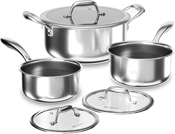 COOKER KING Hybrid Nonstick 6 Pcs Pot Set, 1.5 & 2QT Saucepan and 5-Quart Pots with Glass Lids, Induction Stainless Steel Cookware, Stay-Cool Handles, Dishwasher Safe, Compatible with All Cooktops