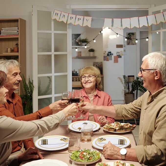 WDF 120 pieces Gold Disposable Plastic Plates - White and Gold Plates Include 10.25" Dinner Plate & 7.5" Salad Plate for Thanksgiving Weddings/Party