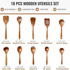 10 Pcs Wooden Spoons for Cooking, Natural Teak Wooden Kitchen Utensils Set, Durable Cooking Utensils Set with Comfort Grip for Cookware, Smooth Finish&NonStick& Heat Resistant Wooden Spatula