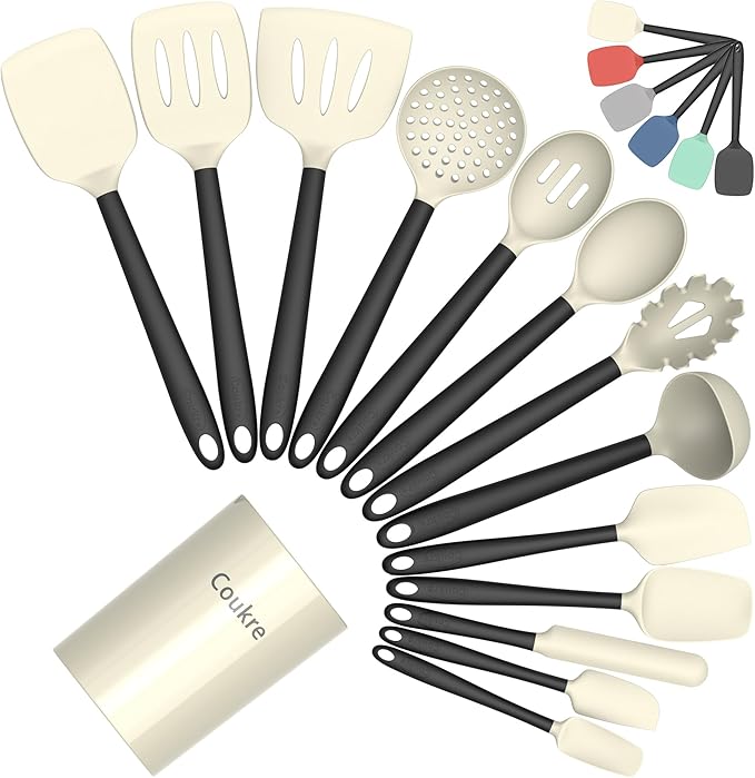Coukre Silicone Kitchen Cooking Utensils Set with Holder – Heat-Resistant, Food-Grade Kitchen Tools, Spatula, Spoon & Gadgets for Non-Stick Pans, Dishwasher Safe (14, Beige)