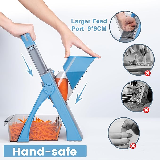 Upgrade Safe Mandoline Slicer Plus for Kitchen, SupMaKin Bigger Port Vegetable Food Potato Chopper, Adjustable Thickness, Julienne & Dicer With Vegetable Spiralizer (LightBlue)