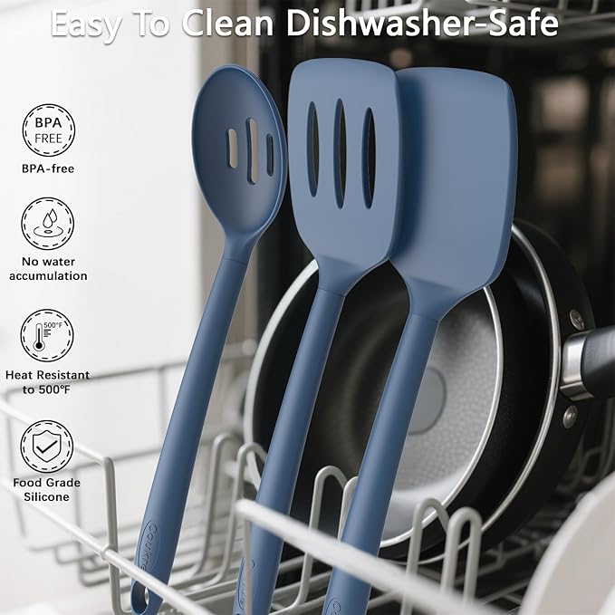 Coukre Silicone Kitchen Cooking Utensils Set with Holder – Heat-Resistant, Food-Grade Kitchen Tools, Spatula, Spoon & Gadgets for Non-Stick Pans, Dishwasher Safe (14, PureDarkBlue)