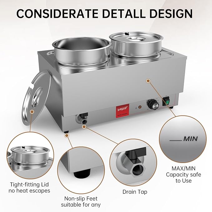 Valgus Commercial Stainless Steel Bain Marie Food Warmer 2 Round Pots Electric Soup Warmer with Lid and Tap for Home, Catering, Buffet