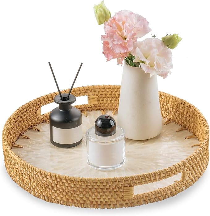 13.8 in Round Rattan Serving Tray with Handle, Mother of Pearl Inlay Wooden Base, Decorative Wicker for Table, Kitchen Island & Home Decor (White Leaf)