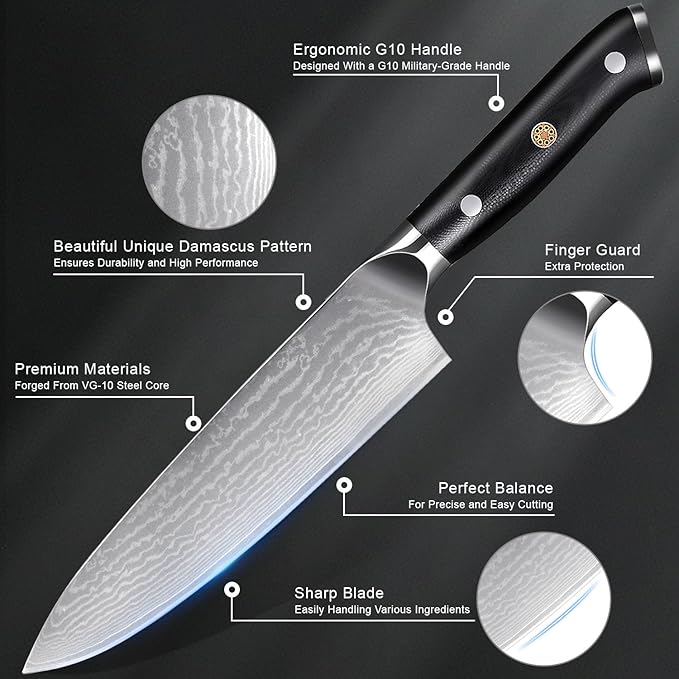Damascus Chef Knife, Professional Japanese Chef Knife 8 Inch, Kitchen Knife with VG-10 Steel Core and Full Tang G10 Handle, Gift Box