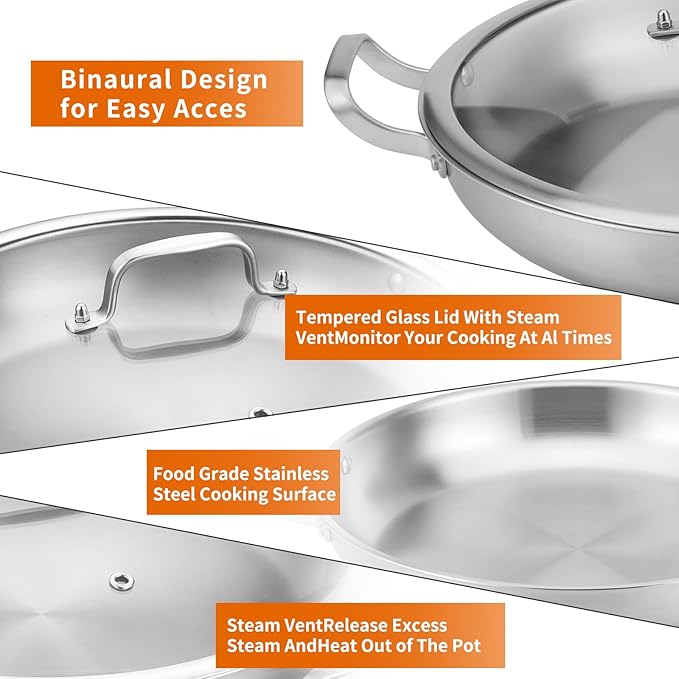 Tri-Ply 18/10 Stainless Steel Paella Pan, 13.5 Inch with Lid | 8-10 Servings, All Cooktop Compatible (Up to 550℉) | Large Stainless Steel Skillet for Outdoor Parties, Family Gatherings & Entertaining