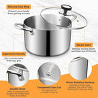 Tri-Ply Stainless Steel Stock Pot, 6.5 Quart Heavy Duty Induction Cooking Pot with Visible Lid for Pasta, Soup, Spaghetti, Sturdy & Double Handle, Dishwasher Safe