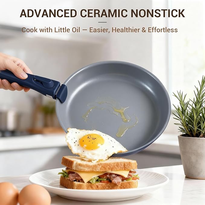 Ammeloo 18-Piece Ceramic Pots and Pans Set Non Stick, Non Toxic Cookware Set with Removable Handles, Pot Sets for Cooking, Induction Ready, Dishwasher & Oven Safe, PFAS PFOA & PTFE Free Navy Blue