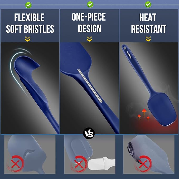 Walfos Silicone Spatula Set (5pcs) - 600℉ High Heat Resistant Kitchen Spoon Navy Blue Spatulas for Cooking Mixing & Baking, Strong Steel Core and One-Pieces Seamless Design, BPA Free Dishwasher Safe