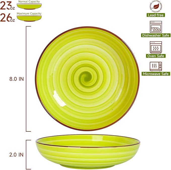 KitchenTour Pasta Bowls, Ceramic Salad Bowls Serving Bowl Set 26 oz, 8 Inch Colorful Porcelain Wide and Shallow Bowls Set - Dishwasher and Microwave Safe - Set of 6