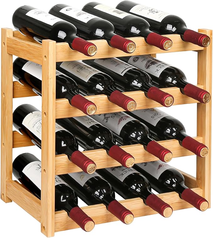 VASMIA Wine Rack, 4-Tier Bamboo Wine Racks Countertop,Sturdy and Durable Wine Storage Cabinet Shelf,16 Bottles Wine Holder for Kitchen Pantry, Natural