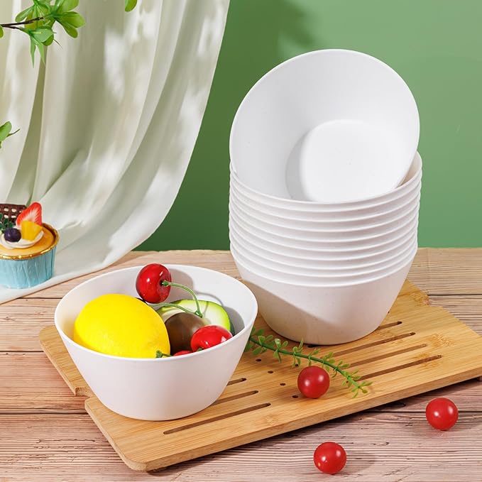 supernal 12PCS White Wheat Straw Bowls - Unbreakable Reusable Soup & Cereal Bowls with Smooth Edges,Fridge & Dishwasher Safe,Hard Plastic Dinnerware for Ramen,Salad,Hot Food(Sturdy & Lightweight)