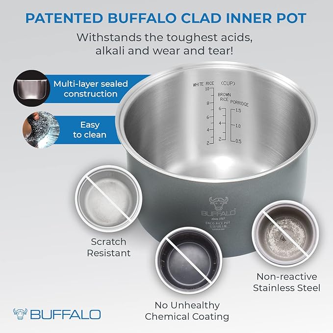 Buffalo Classic Rice Cooker with Clad Stainless Steel Inner Pot - Electric Rice Cooker for White/Brown Rice, Grain - Easy-to-clean, Non-Toxic & Non-Stick, Auto Warmer (10 Cup)