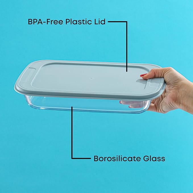 JoyJolt 8-Piece Borosilicate Glass Oven Dishes with Powder Blue Lids, Rectangle Deep Glass Baking Dish Set, Baking Pans for Lasagna Casserole Cake, Bakeware Set, Freezer to Oven Tray to Dishwasher