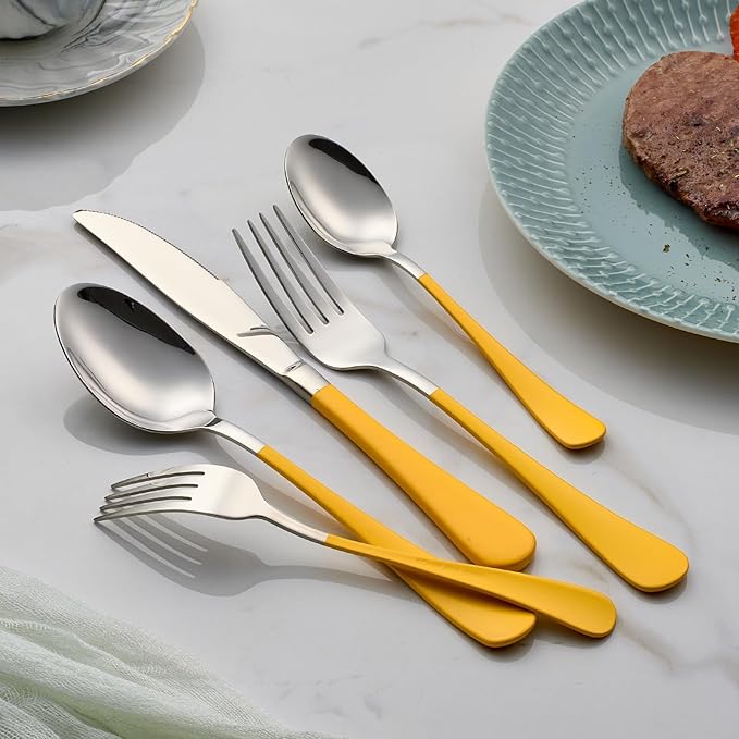 20-Piece Yellow Silverware Set 18/0 Stainless Steel Flatware Yellow Handle Cutlery Set Service for 4 Dinner Knives Forks Spoons Set Mirror Finish Dishwasher Safe