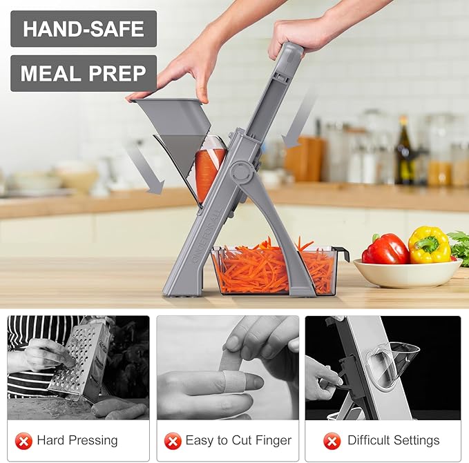 [All in 1] Upgraded Version Safe Mandoline Slicer for Kitchen, Adjustable Thickness. and Spiralizer, Veggie Slicer, Rapid Prep Mandoline, Detachable Blade, Cleaning Brush (High-grade Gray)