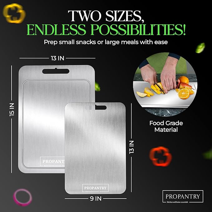 Titanium Cutting Board 2Pcs - 100% Pure Titanium Stainless Steel Cutting Board, Durable and Hygienic Surface for Kitchen Use, Non-Slip Edges, Easy to Clean, Ideal for Professional and Home Chefs