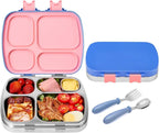 Stainless Steel Bento Box for Kids, Leak-Proof Stainless Steel Lunch Box, 4 Compartments, BPA-Free, Drop-Resistant, with Spoon & Fork, for School & Daycare (Blue Pink Mix)