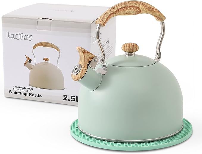 LONFFERY Tea Kettle for Stove Top, 2.5 Quart Whistling Tea Kettle, with Food Grade Stainless Steel and Wood Pattern Folding Handle, Turquoise