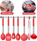 E-far Silicone Cooking Utensils Set, 7 Pcs Heat Resistant Kitchen Utensils with Stainless Steel Handle, Slotted Turner, Spoon, Soup Ladle, Pasta Server, Skimmer, Tongs for Nonstick Cookware, Red