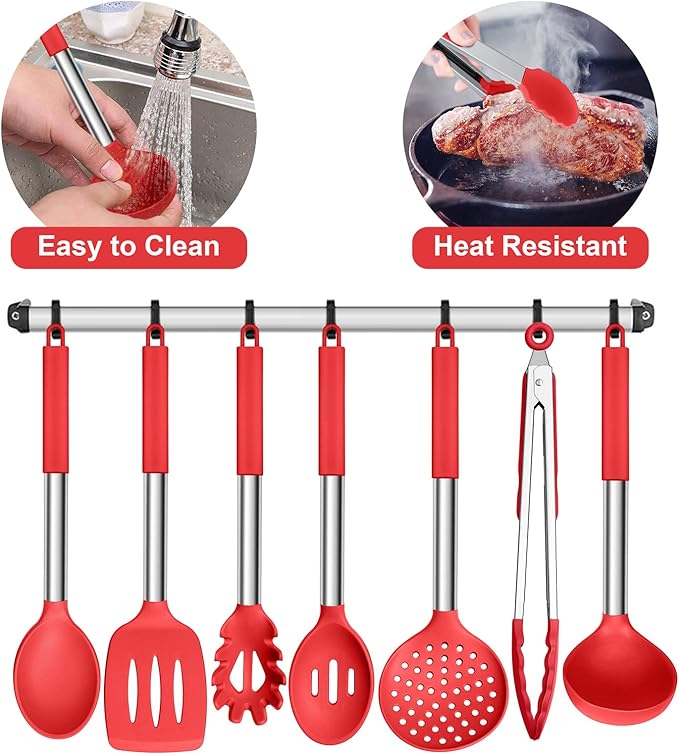 E-far Silicone Cooking Utensils Set, 7 Pcs Heat Resistant Kitchen Utensils with Stainless Steel Handle, Slotted Turner, Spoon, Soup Ladle, Pasta Server, Skimmer, Tongs for Nonstick Cookware, Red