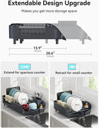 SUNLY Dish Drying Rack, Expandable Dish Racks for Kitchen Counter, Space Saving Kitchen Drying Rack with Sleek & Modern Design, Rust Proof Stainless Steel Dish Drainers with Utensil Holder, Deep Gray